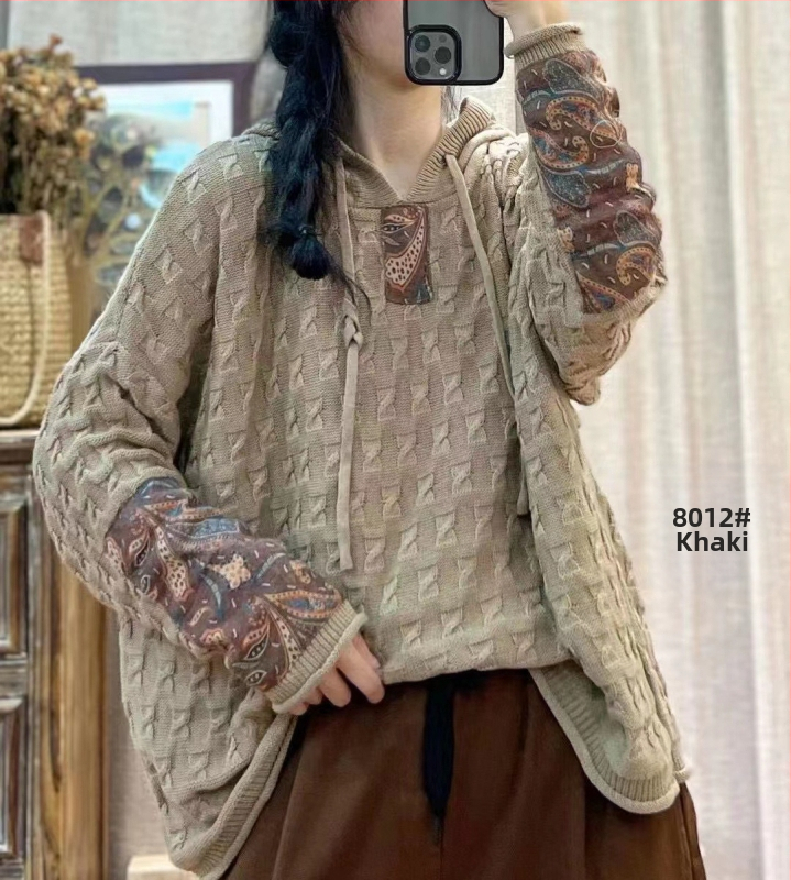 Húzózsinóros Kapucnis Pamut Kötött Pulóver Női Laza Húsdarabos Tavaszi és Őszi Új Retro Művészi Hétköznapi Hosszú Ujjú Felső