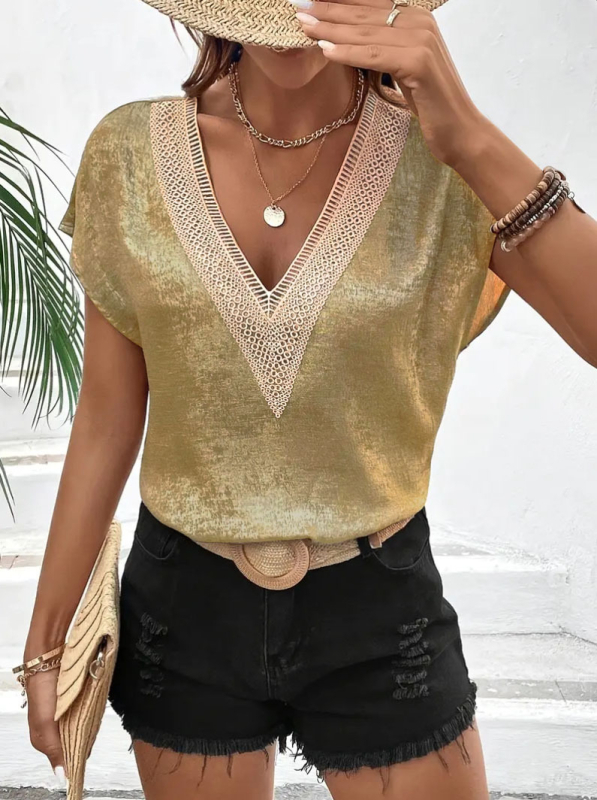 Amazon európai és amerikai külkereskedelmi nyári csipkés rövid ujjú női póló, lezser, laza, V-nyakú, denevérujjú póló, felső