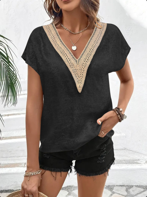 Amazon európai és amerikai külkereskedelmi nyári csipkés rövid ujjú női póló, lezser, laza, V-nyakú, denevérujjú póló, felső