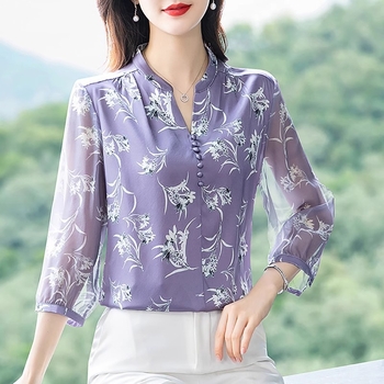 Női új virágmintás nyári ing, felső, hét ujjú, bő haspántos, 2024-es divatév
