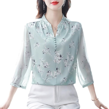Női új virágmintás nyári ing, felső, hét ujjú, bő haspántos, 2024-es divatév