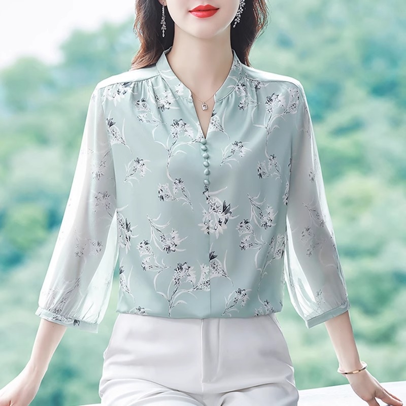 Női új virágmintás nyári ing, felső, hét ujjú, bő haspántos, 2024-es divatév
