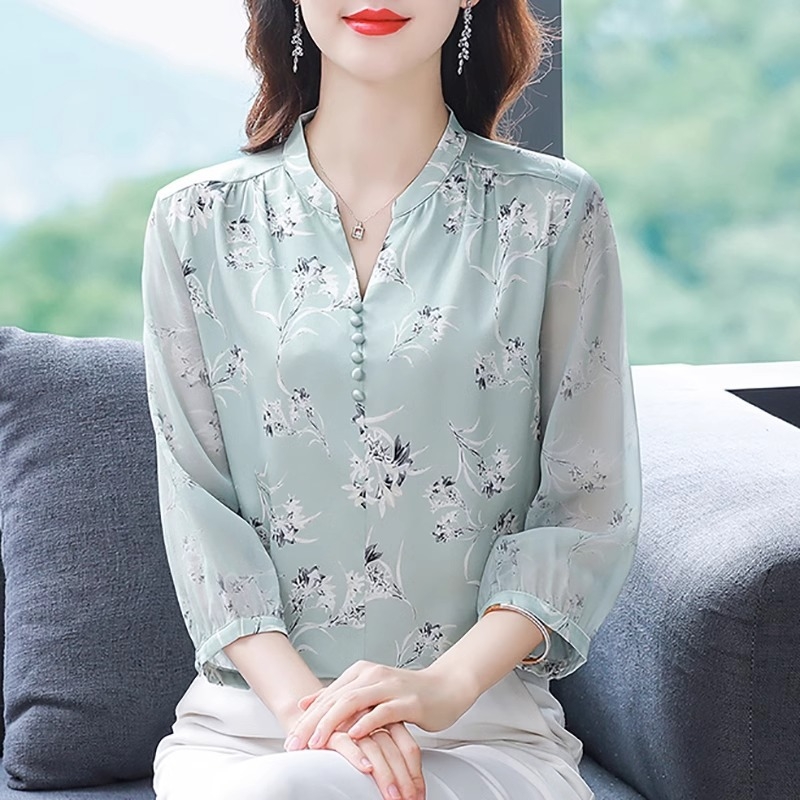Női új virágmintás nyári ing, felső, hét ujjú, bő haspántos, 2024-es divatév