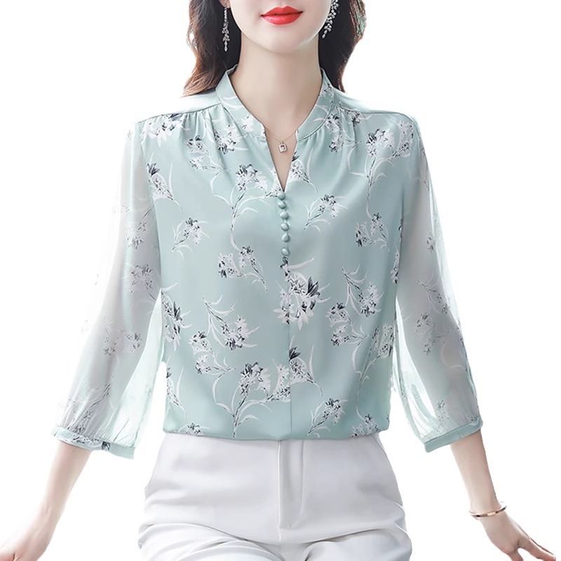 Női új virágmintás nyári ing, felső, hét ujjú, bő haspántos, 2024-es divatév
