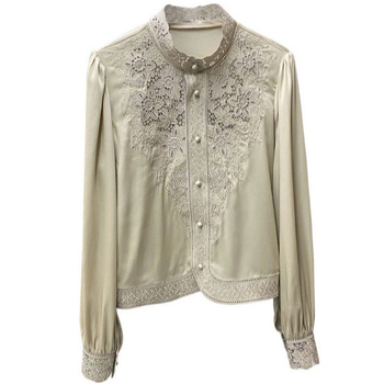 Európai Állomás Selyem Utánzat Hímzett Női Ing 2022 Tavaszi és Őszi Új Palota Stílusú Állógalléros Kivasalható Társasági Elegáns Ing