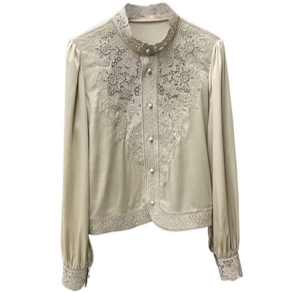 Európai Állomás Selyem Utánzat Hímzett Női Ing 2022 Tavaszi és Őszi Új Palota Stílusú Állógalléros Kivasalható Társasági Elegáns Ing