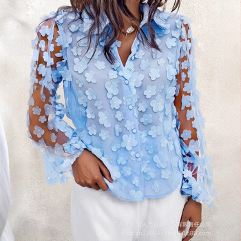 LZR18221 külkereskedelmi női világoskék, háromdimenziós, virágmintás, hálós, lámpásos ujjú ing