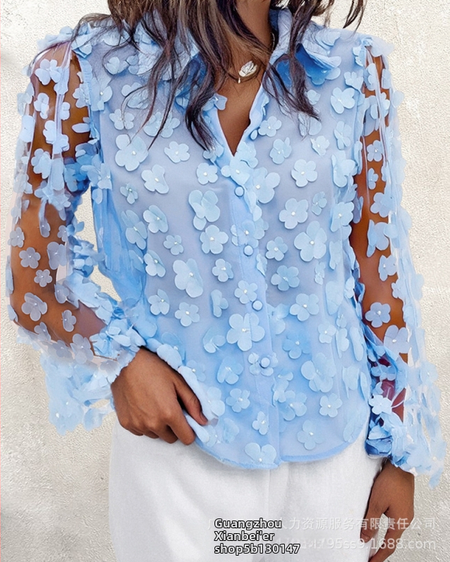 LZR18221 külkereskedelmi női világoskék, háromdimenziós, virágmintás, hálós, lámpásos ujjú ing