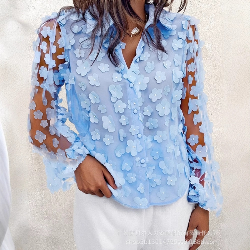 LZR18221 külkereskedelmi női világoskék, háromdimenziós, virágmintás, hálós, lámpásos ujjú ing