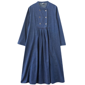 Φθινοπωρινό νέο μοντέρνο casual φόρεμα τζιν με μακριά μανίκια και φαρδιά μέση, μεγάλο μέγεθος, με σταυρωτό τελείωμα