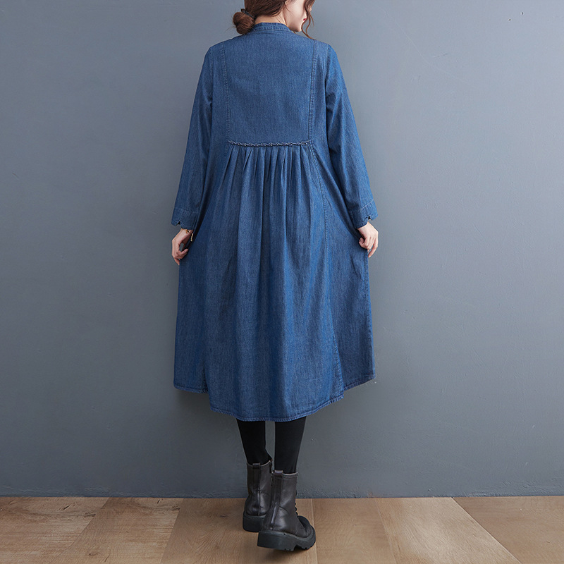 Őszi új divatos lezser hosszú, bő derekú, hosszú ujjú, nagy méretű, dupla soros farmerruha