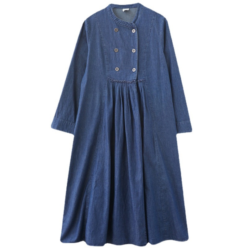 Őszi új divatos lezser hosszú, bő derekú, hosszú ujjú, nagy méretű, dupla soros farmerruha