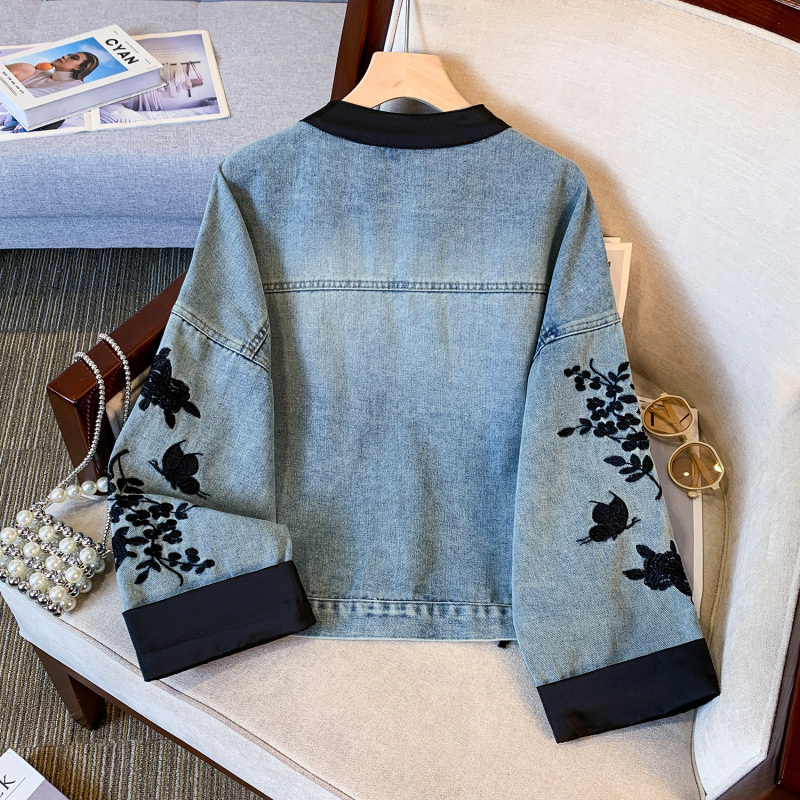 Real Shot új kínai farmerkabát, hímzett csattal, kontrasztos színű gallérral, nemzeti stílusú farmer kardigán felsőrész nőknek