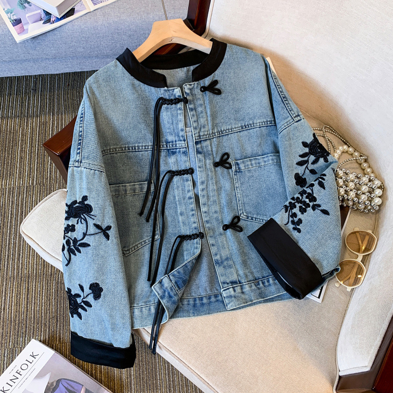 Real Shot új kínai farmerkabát, hímzett csattal, kontrasztos színű gallérral, nemzeti stílusú farmer kardigán felsőrész nőknek