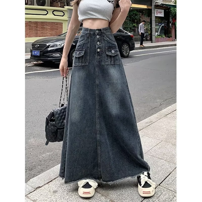 Fustă lungă cu talie înaltă 2025 pentru femei, primăvară și vară, nouă americană, albastru-gri, lungă, care acoperă șoldurile, linie A, mică, care acoperă fundul