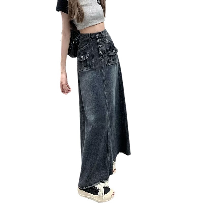 Fustă lungă cu talie înaltă 2025 pentru femei, primăvară și vară, nouă americană, albastru-gri, lungă, care acoperă șoldurile, linie A, mică, care acoperă fundul