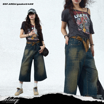 Nyári niche sokoldalú amerikai retró kopott kék farmer rövidnadrág férfi laza, egyenes, széles szárú, rövidített nadrág, mosott