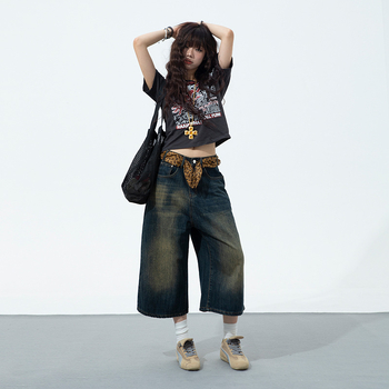 Nyári niche sokoldalú amerikai retró kopott kék farmer rövidnadrág férfi laza, egyenes, széles szárú, rövidített nadrág, mosott