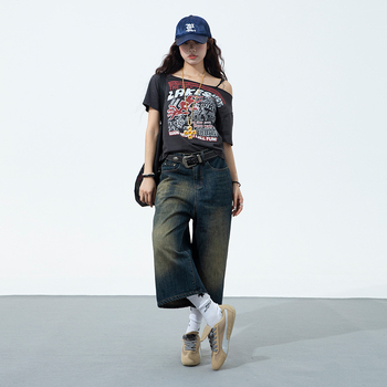 Nyári niche sokoldalú amerikai retró kopott kék farmer rövidnadrág férfi laza, egyenes, széles szárú, rövidített nadrág, mosott