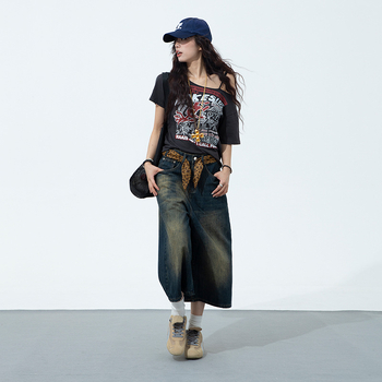 Nyári niche sokoldalú amerikai retró kopott kék farmer rövidnadrág férfi laza, egyenes, széles szárú, rövidített nadrág, mosott