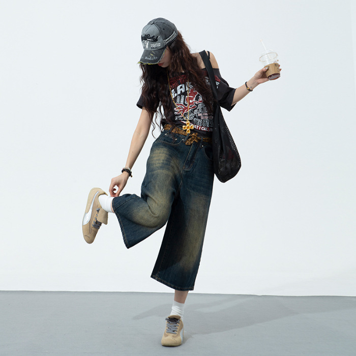 Nyári niche sokoldalú amerikai retró kopott kék farmer rövidnadrág férfi laza, egyenes, széles szárú, rövidített nadrág, mosott