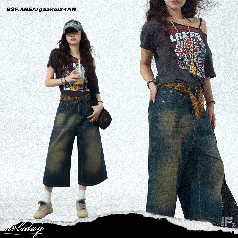 Nyári niche sokoldalú amerikai retró kopott kék farmer rövidnadrág férfi laza, egyenes, széles szárú, rövidített nadrág, mosott