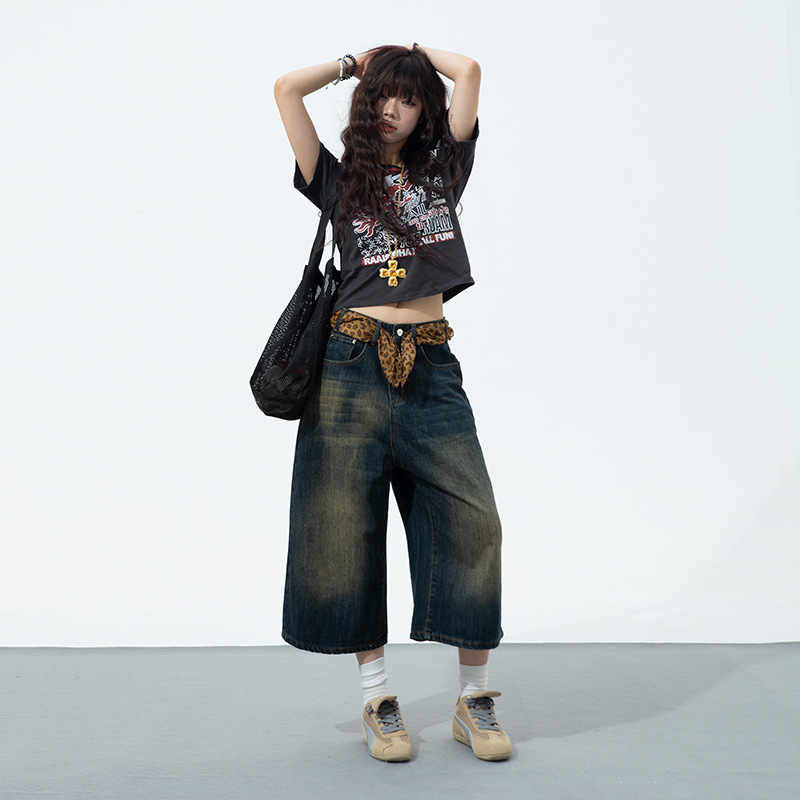 Nyári niche sokoldalú amerikai retró kopott kék farmer rövidnadrág férfi laza, egyenes, széles szárú, rövidített nadrág, mosott