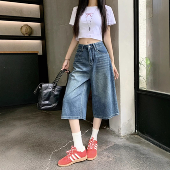 Rövidített nadrágok Vintage All-match női magas derekú farmernadrág laza, rövid, bő szárú, kék, mosott, nyári egyenes szabású nadrág