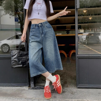 Rövidített nadrágok Vintage All-match női magas derekú farmernadrág laza, rövid, bő szárú, kék, mosott, nyári egyenes szabású nadrág