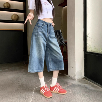Rövidített nadrágok Vintage All-match női magas derekú farmernadrág laza, rövid, bő szárú, kék, mosott, nyári egyenes szabású nadrág