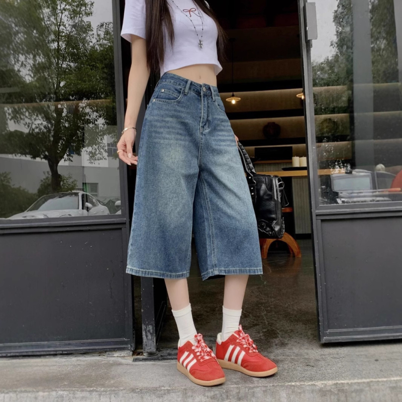 Rövidített nadrágok Vintage All-match női magas derekú farmernadrág laza, rövid, bő szárú, kék, mosott, nyári egyenes szabású nadrág