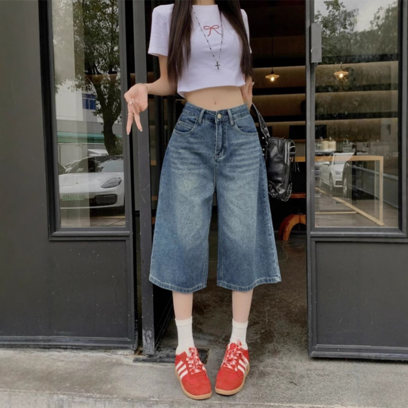 Rövidített nadrágok Vintage All-match női magas derekú farmernadrág laza, rövid, bő szárú, kék, mosott, nyári egyenes szabású nadrág