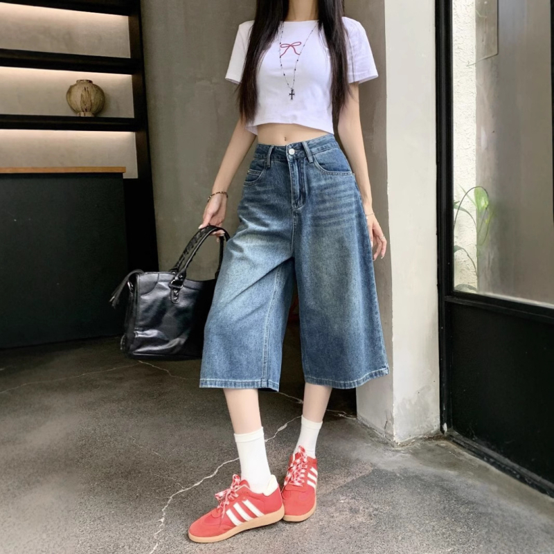 Rövidített nadrágok Vintage All-match női magas derekú farmernadrág laza, rövid, bő szárú, kék, mosott, nyári egyenes szabású nadrág