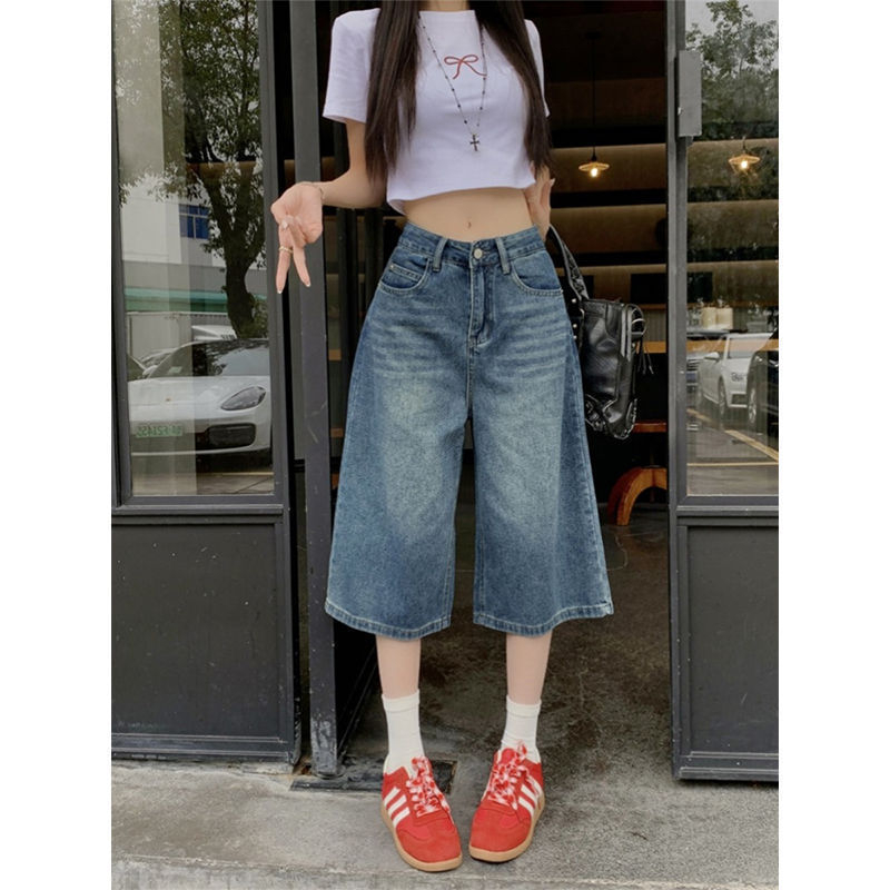 Rövidített nadrágok Vintage All-match női magas derekú farmernadrág laza, rövid, bő szárú, kék, mosott, nyári egyenes szabású nadrág