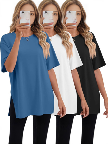 2025-ös határokon átnyúló tavaszi és nyári új, bő, hasított pamut rövid ujjú, női kényelmes, kerek nyakú, egyszínű, európai és amerikai stílusú, menő póló