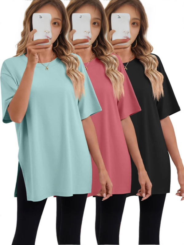 2025-ös határokon átnyúló tavaszi és nyári új, bő, hasított pamut rövid ujjú, női kényelmes, kerek nyakú, egyszínű, európai és amerikai stílusú, menő póló