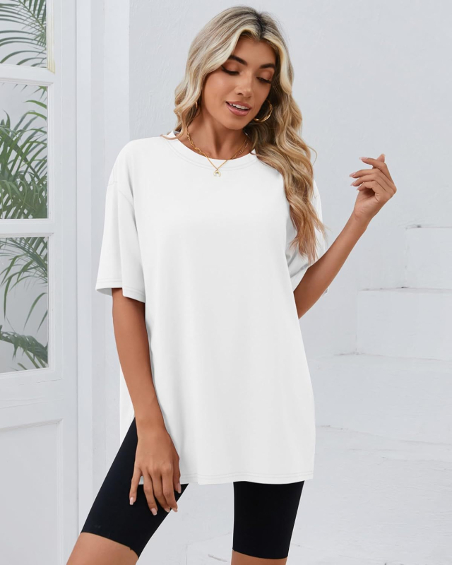 2025-ös határokon átnyúló tavaszi és nyári új, bő, hasított pamut rövid ujjú, női kényelmes, kerek nyakú, egyszínű, európai és amerikai stílusú, menő póló