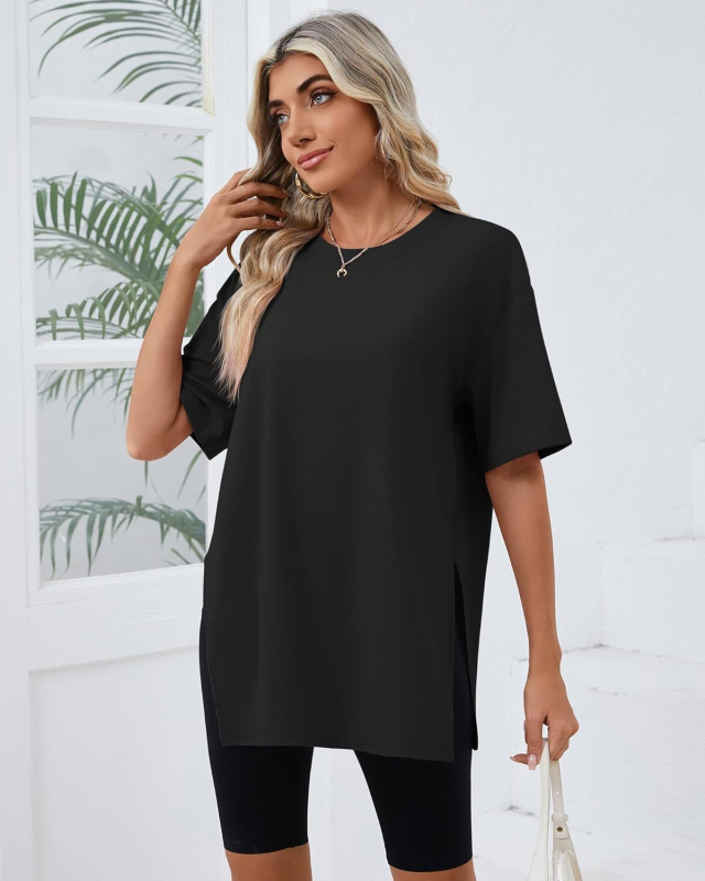 2025-ös határokon átnyúló tavaszi és nyári új, bő, hasított pamut rövid ujjú, női kényelmes, kerek nyakú, egyszínű, európai és amerikai stílusú, menő póló