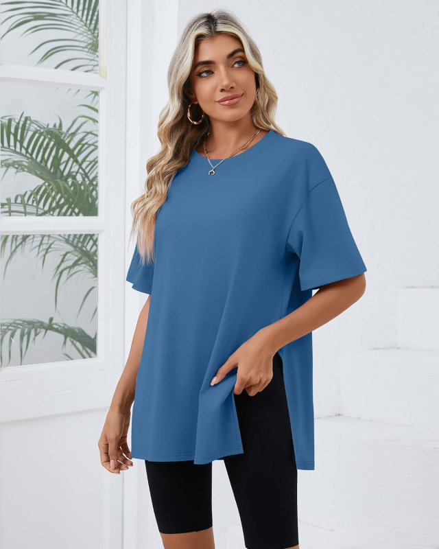 2025-ös határokon átnyúló tavaszi és nyári új, bő, hasított pamut rövid ujjú, női kényelmes, kerek nyakú, egyszínű, európai és amerikai stílusú, menő póló