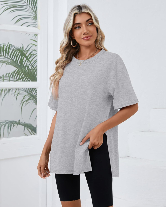 2025-ös határokon átnyúló tavaszi és nyári új, bő, hasított pamut rövid ujjú, női kényelmes, kerek nyakú, egyszínű, európai és amerikai stílusú, menő póló