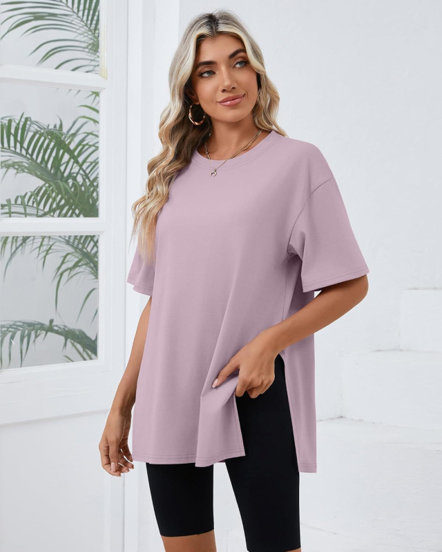 2025-ös határokon átnyúló tavaszi és nyári új, bő, hasított pamut rövid ujjú, női kényelmes, kerek nyakú, egyszínű, európai és amerikai stílusú, menő póló