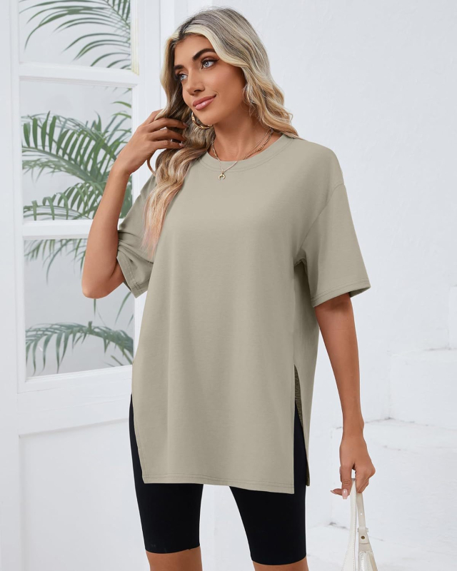2025-ös határokon átnyúló tavaszi és nyári új, bő, hasított pamut rövid ujjú, női kényelmes, kerek nyakú, egyszínű, európai és amerikai stílusú, menő póló