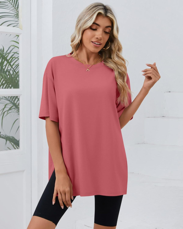 2025-ös határokon átnyúló tavaszi és nyári új, bő, hasított pamut rövid ujjú, női kényelmes, kerek nyakú, egyszínű, európai és amerikai stílusú, menő póló