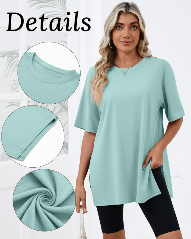 2025-ös határokon átnyúló tavaszi és nyári új, bő, hasított pamut rövid ujjú, női kényelmes, kerek nyakú, egyszínű, európai és amerikai stílusú, menő póló