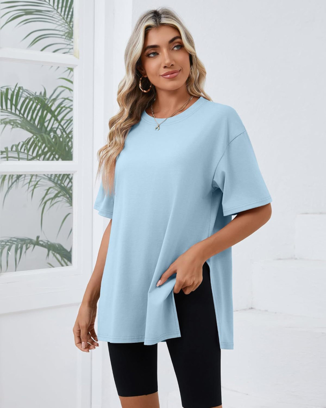 2025-ös határokon átnyúló tavaszi és nyári új, bő, hasított pamut rövid ujjú, női kényelmes, kerek nyakú, egyszínű, európai és amerikai stílusú, menő póló