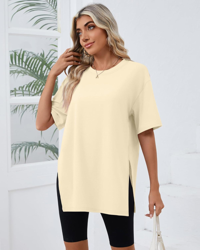 2025-ös határokon átnyúló tavaszi és nyári új, bő, hasított pamut rövid ujjú, női kényelmes, kerek nyakú, egyszínű, európai és amerikai stílusú, menő póló