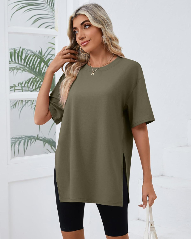 2025-ös határokon átnyúló tavaszi és nyári új, bő, hasított pamut rövid ujjú, női kényelmes, kerek nyakú, egyszínű, európai és amerikai stílusú, menő póló