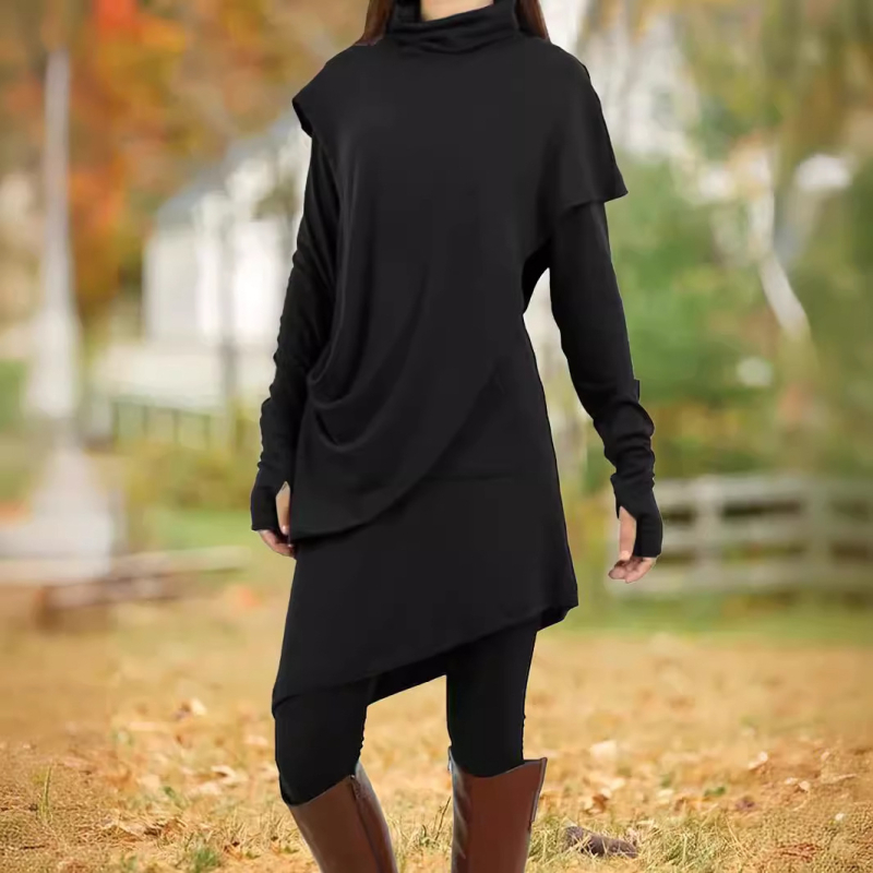 Európai és amerikai határokon átnyúló Amazon 2025 őszi és téli divatos, magas nyakú, fekete, szabálytalan, hamis, kétrészes, hosszú ujjú női ruha