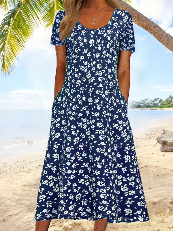 Külkereskedelmi Független Állomás Amazon Határokon Átnyúló Nyári Új Középderekú Női Divat Virágmintás Kerek Nyakú 3D Nyomtatott Ruha