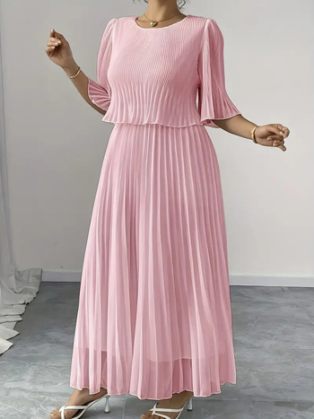 Ευρωπαϊκή και αμερικανική φούστα σε γραμμή Α από σιφόν Amazon με πτυχωτές λεπτομέρειες, ημιδιαφανές, στρογγυλό ντεκολτέ, μακριά μανίκια, ανοιχτόχρωμο κοστούμι σε καθαρό χρώμα